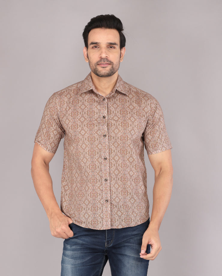 Men's Classic Beige Printed Short Sleeve Shirt