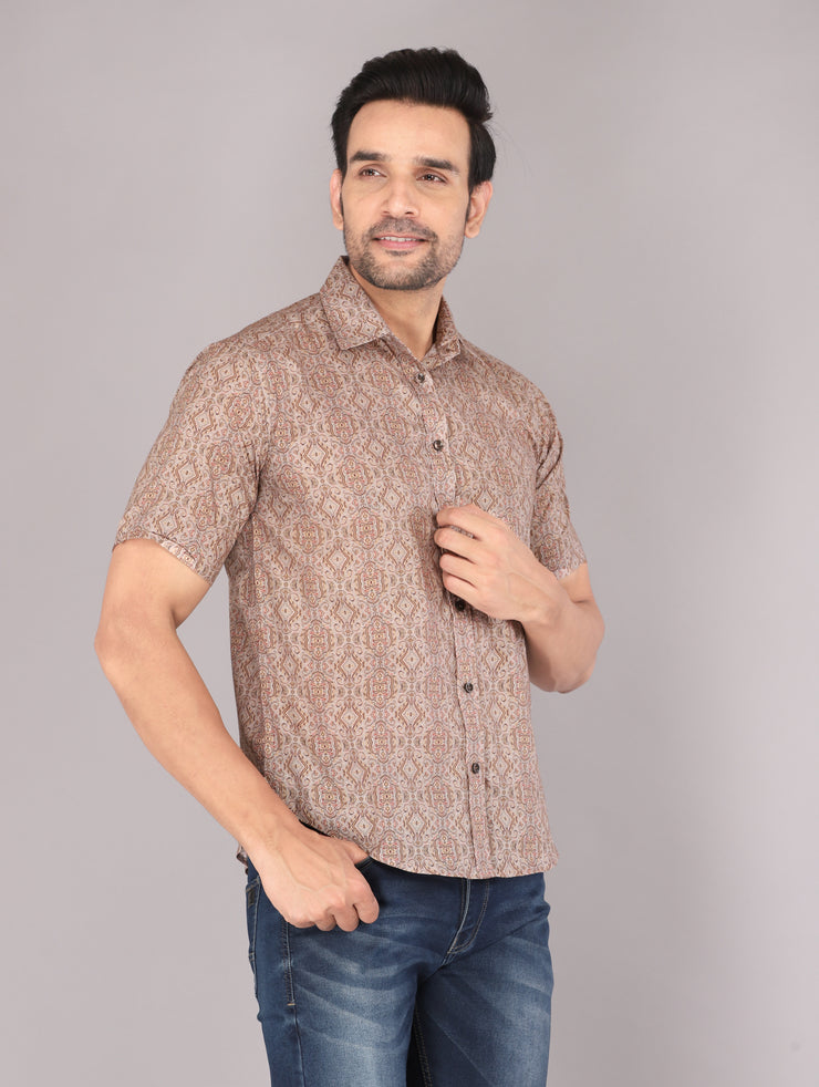 Men's Classic Beige Printed Short Sleeve Shirt