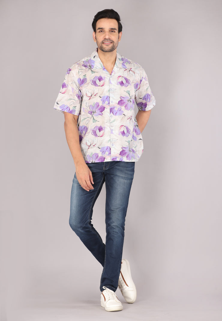 Men's Casual Floral Print Oversized Short Sleeve Shirt - Purple Blossoms