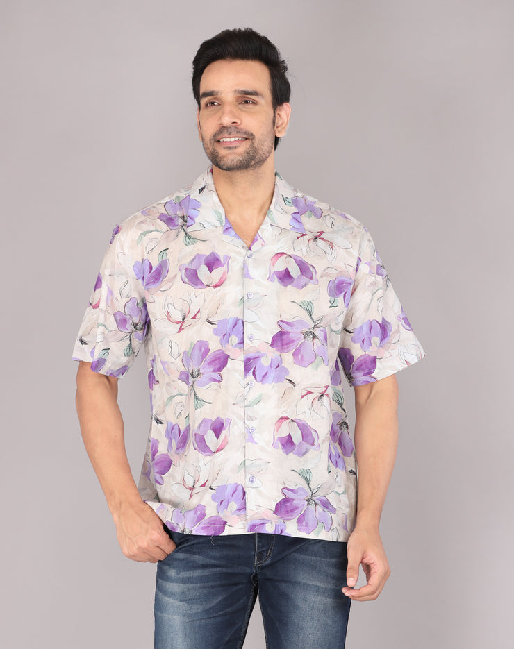 Men's Casual Floral Print Oversized Short Sleeve Shirt - Purple Blossoms