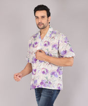 Men's Casual Floral Print Oversized Short Sleeve Shirt - Purple Blossoms