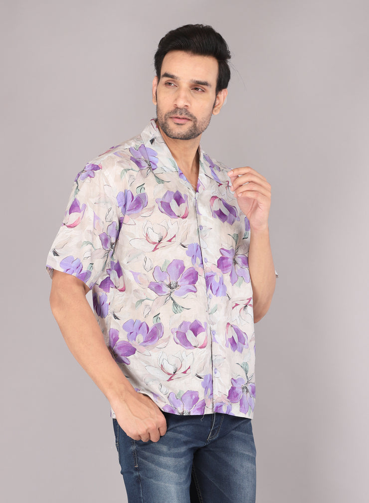 Men's Casual Floral Print Oversized Short Sleeve Shirt - Purple Blossoms