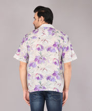 Men's Casual Floral Print Oversized Short Sleeve Shirt - Purple Blossoms