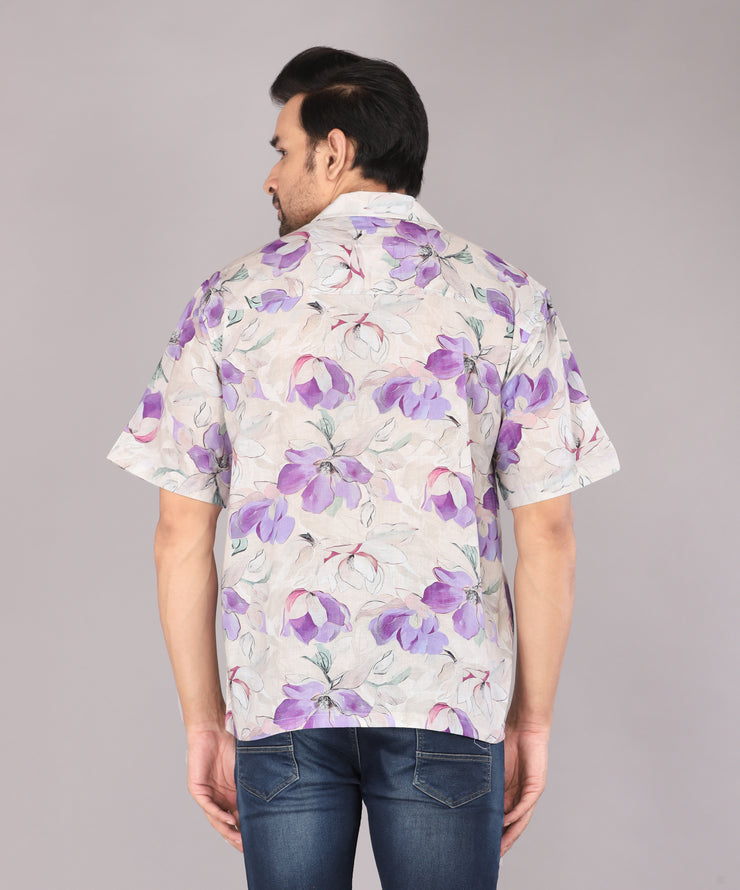 Men's Casual Floral Print Oversized Short Sleeve Shirt - Purple Blossoms