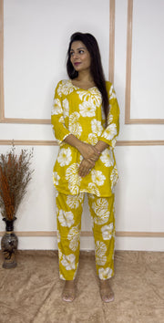 Mustard Palm Leaves printed Cotton Co-Ord set