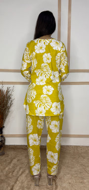 Mustard Palm Leaves printed Cotton Co-Ord set