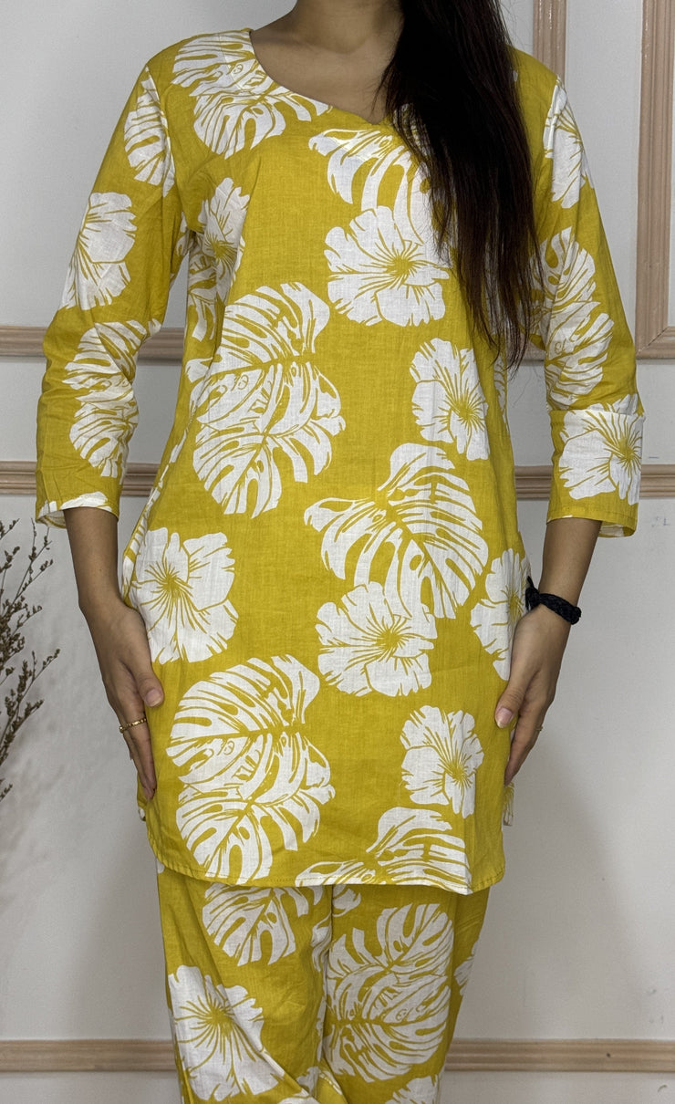 Mustard Palm Leaves printed Cotton Co-Ord set