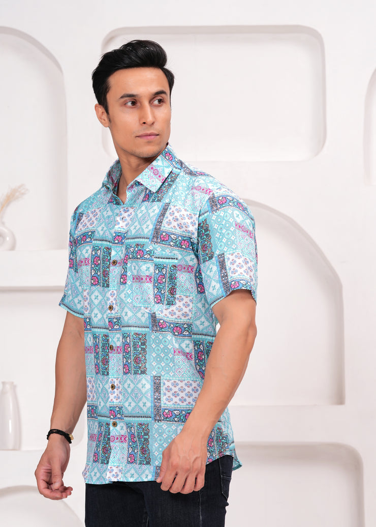 Men's Short Sleeve Patchwork Print Casual Shirt in Aqua and White