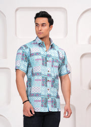 Men's Short Sleeve Patchwork Print Casual Shirt in Aqua and White