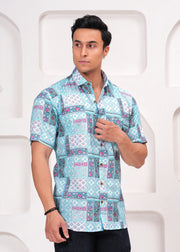 Men's Short Sleeve Patchwork Print Casual Shirt in Aqua and White