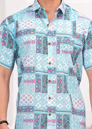 Men's Short Sleeve Patchwork Print Casual Shirt in Aqua and White