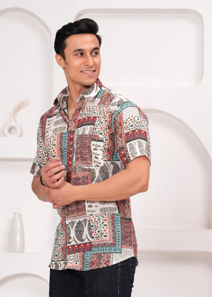 Men's Earthy Patchwork Print Short Sleeve Casual Shirt