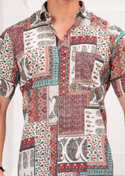 Men's Earthy Patchwork Print Short Sleeve Casual Shirt