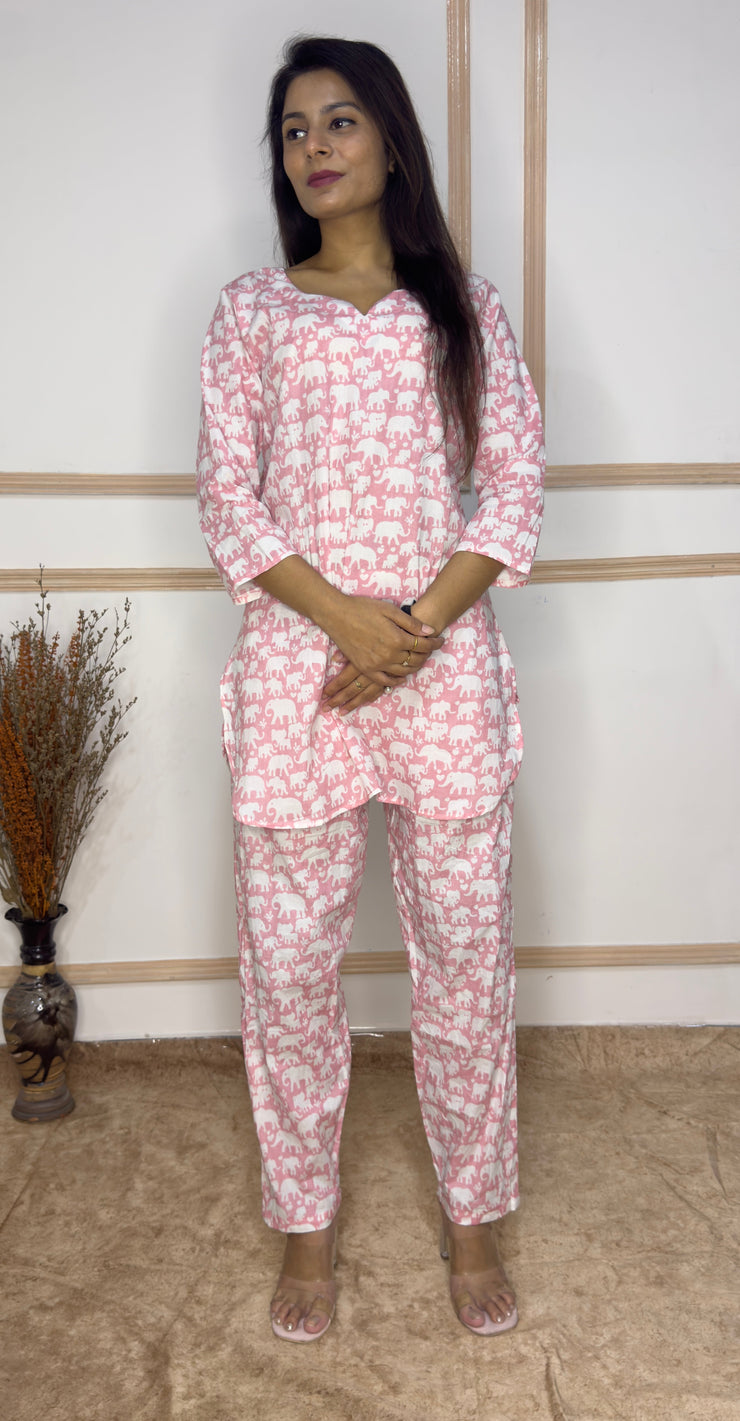 Pink Baby Elephant printed Cotton Co-Ord set