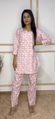 Pink Baby Elephant printed Cotton Co-Ord set