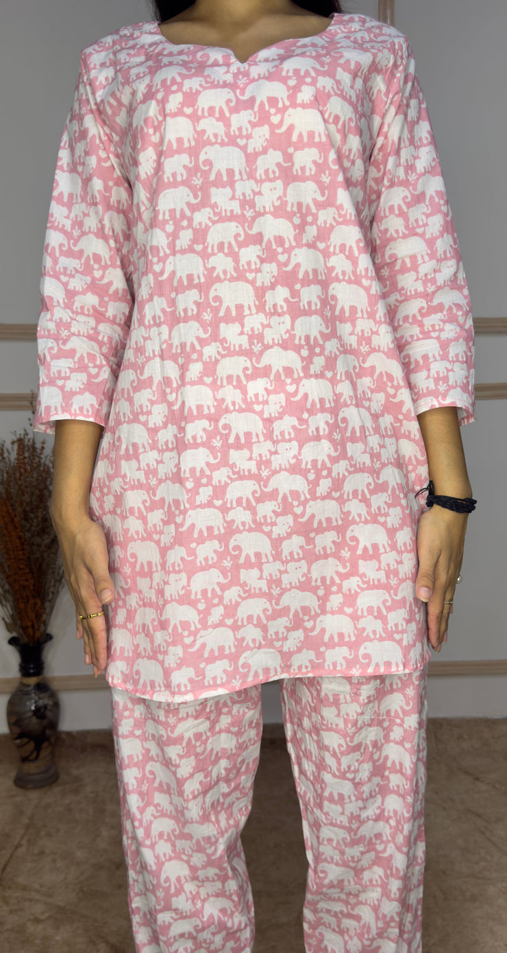 Pink Baby Elephant printed Cotton Co-Ord set