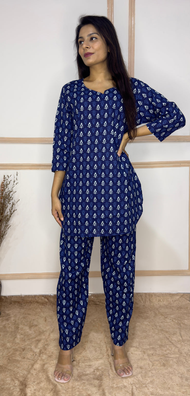 Indigo hand block printed Cotton Co-Ord set