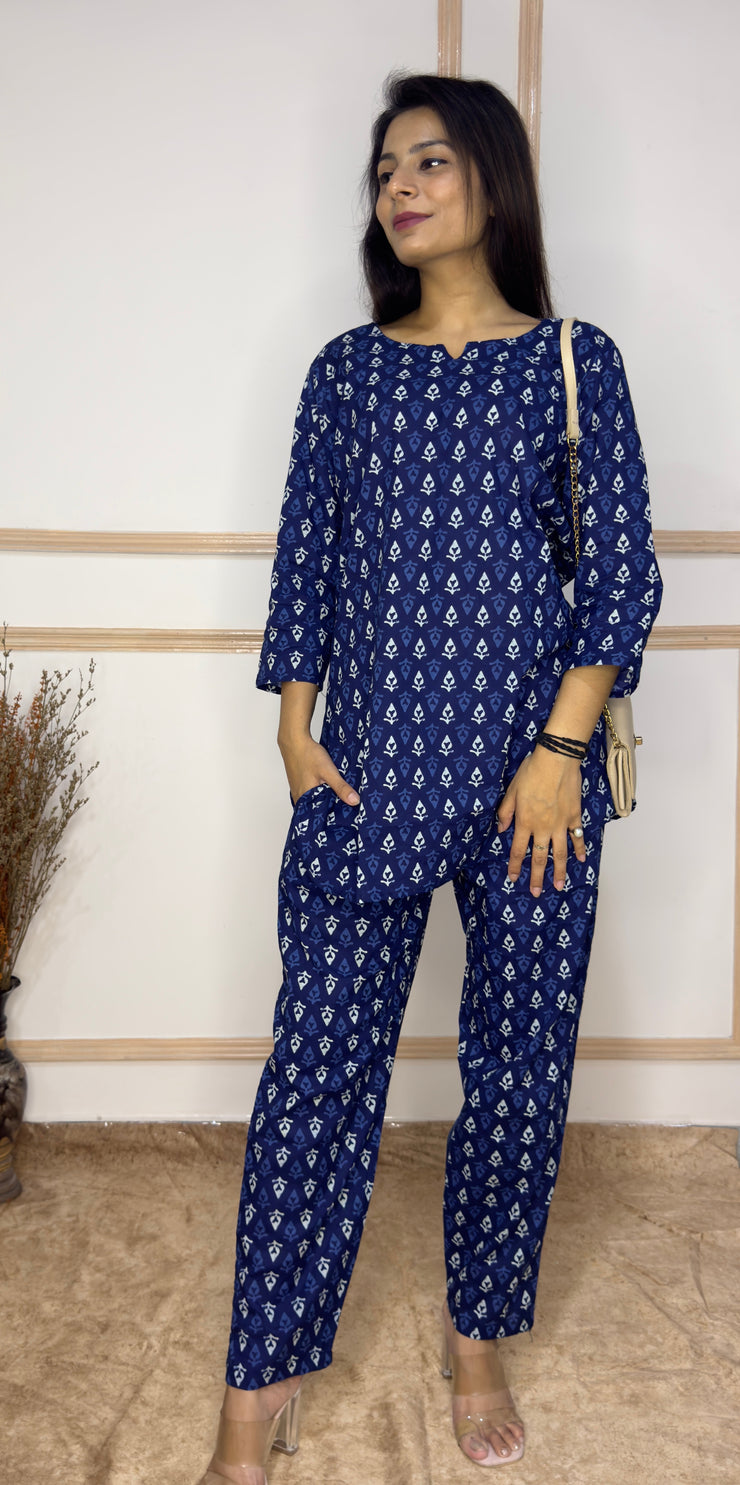 Indigo hand block printed Cotton Co-Ord set