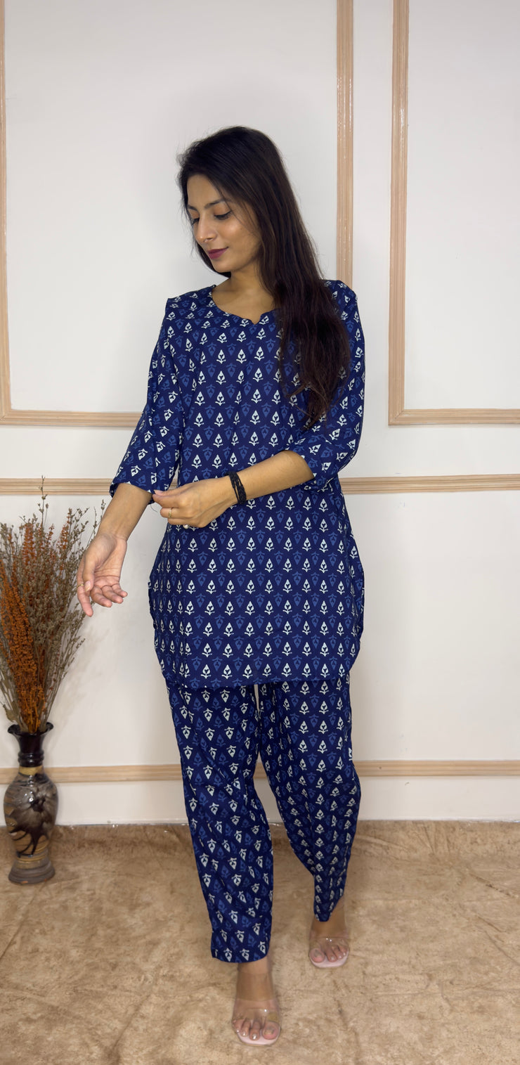 Indigo hand block printed Cotton Co-Ord set