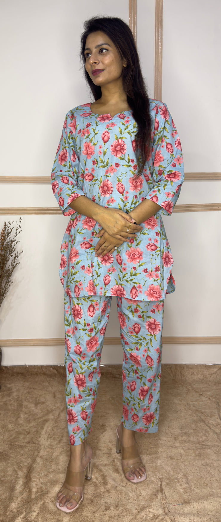 Sky Blue Pink Floral printed Cotton Co-Ord set