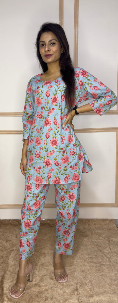 Sky Blue Pink Floral printed Cotton Co-Ord set