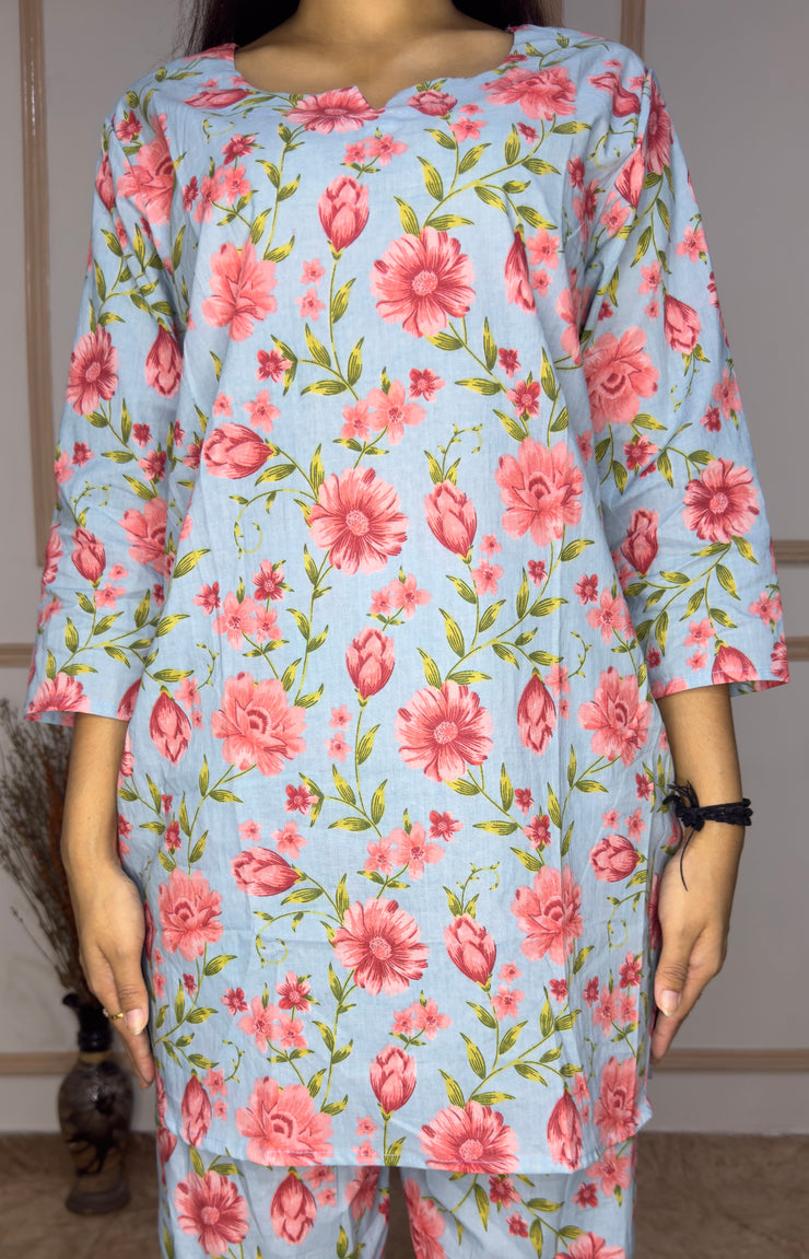 Sky Blue Pink Floral printed Cotton Co-Ord set