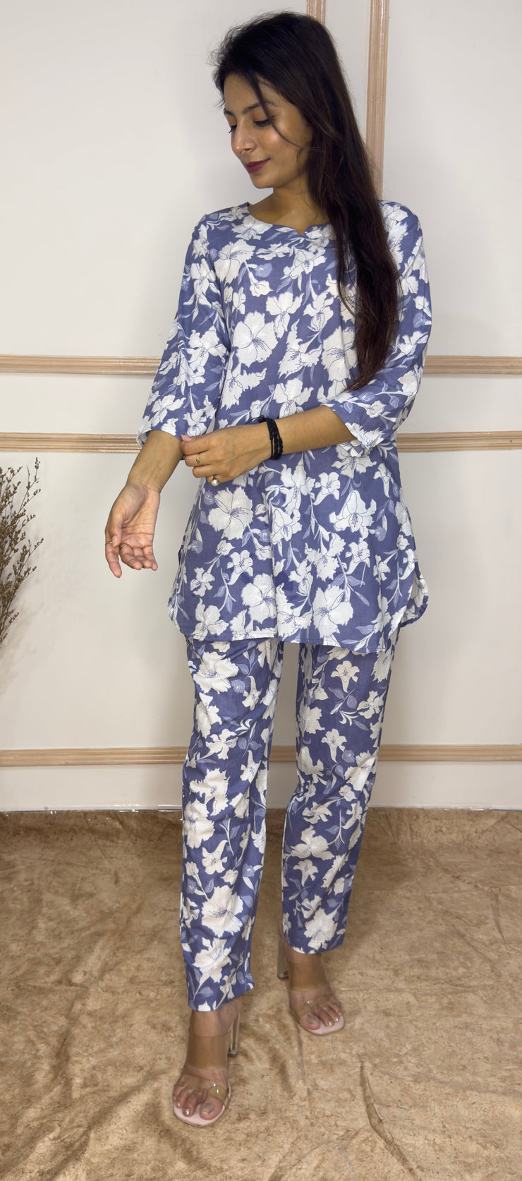 Lavender White Khadi Floral printed Cotton Co-Ord set