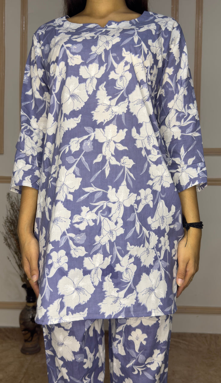 Lavender White Khadi Floral printed Cotton Co-Ord set