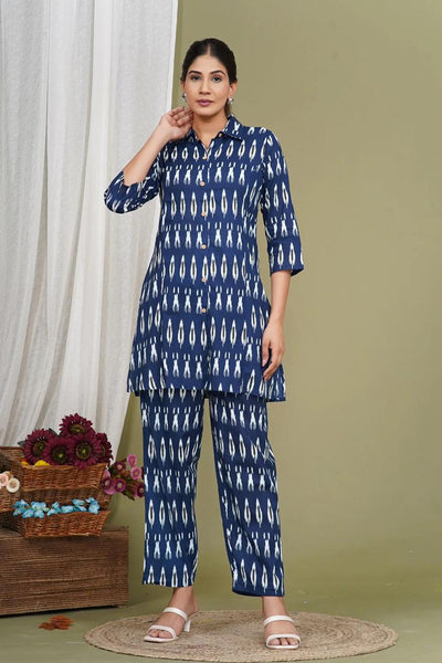 Elegant Indigo Ikat Print Co-ords Set for Women