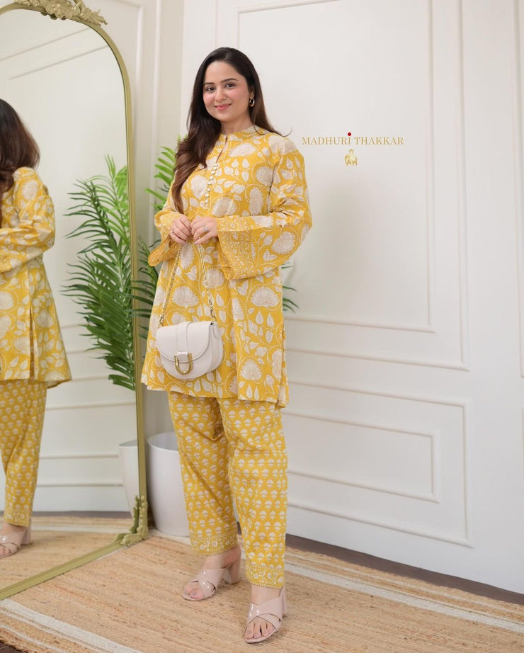 Yellow Printed Co-ord Set with Bell Sleeves