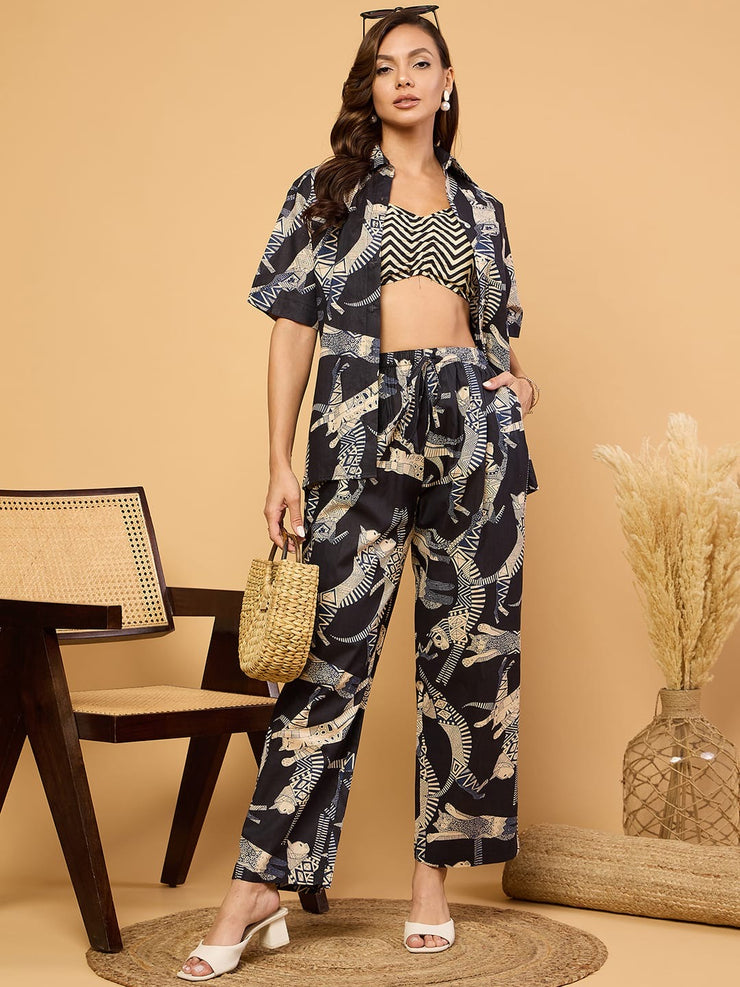 Stylish Summer Cat Print Two-Piece Cotton Co-ords Set for Women