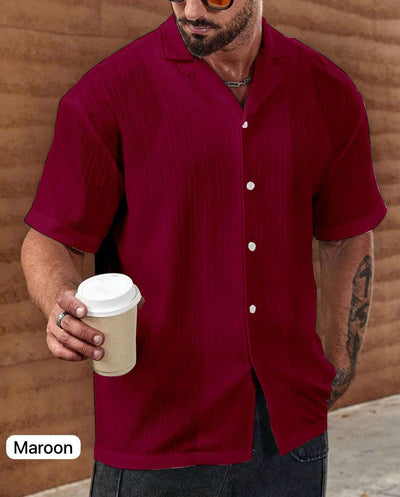 Men's Maroon Short Sleeve Sugar-Can Textured Collar Shirt For Regular and Vacation