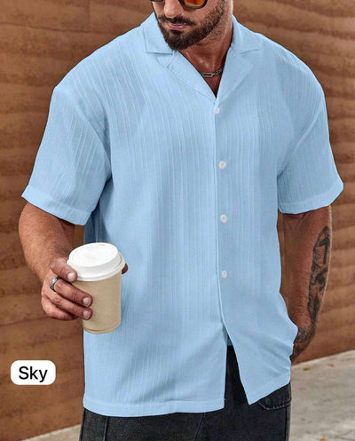 Men's Sky Blue Short Sleeve Sugar-Can Textured Collar Shirt For Regular and Vacation