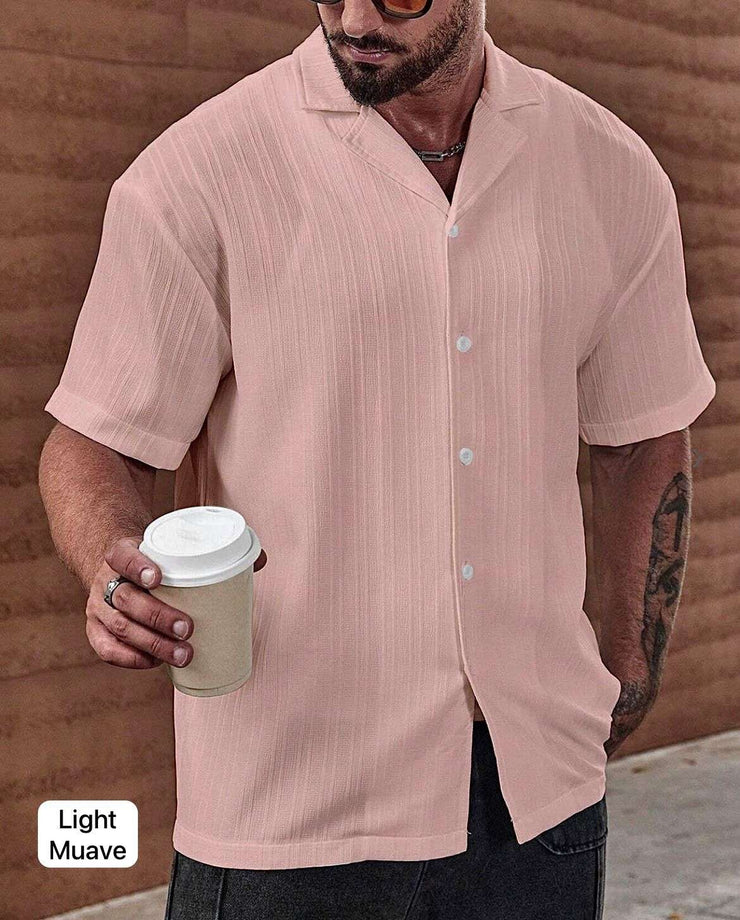 Men's Light Muave Short Sleeve Sugar-Can Textured Collar Shirt For Regular and Vacation