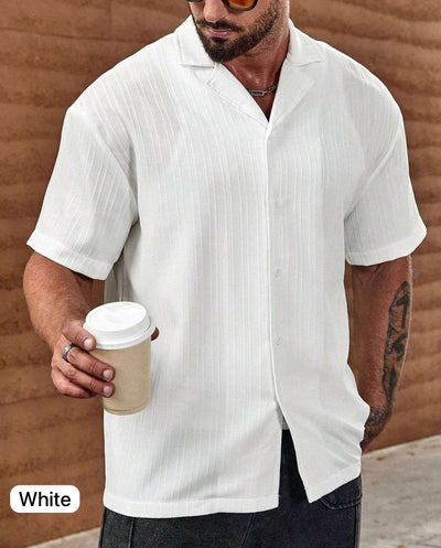 Men's White Short Sleeve Sugar-Can Textured Collar Shirt For Regular and Vacation