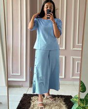 Soft Blue Cotton Co-ords Set with Puffed Sleeves and Culottes Palazzo for Women