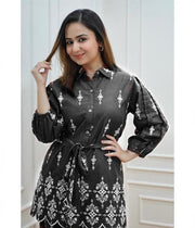 Elegant Black Cotton Co-ords Set with White Print for Women